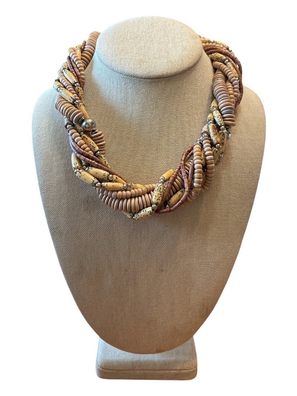 🔵 Multi-strand Brown and Beige Beaded Twist Necklace ~ 20 Inches